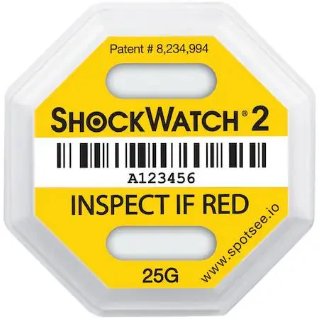 Yellow square impact indicator label with red centre, pack of 50