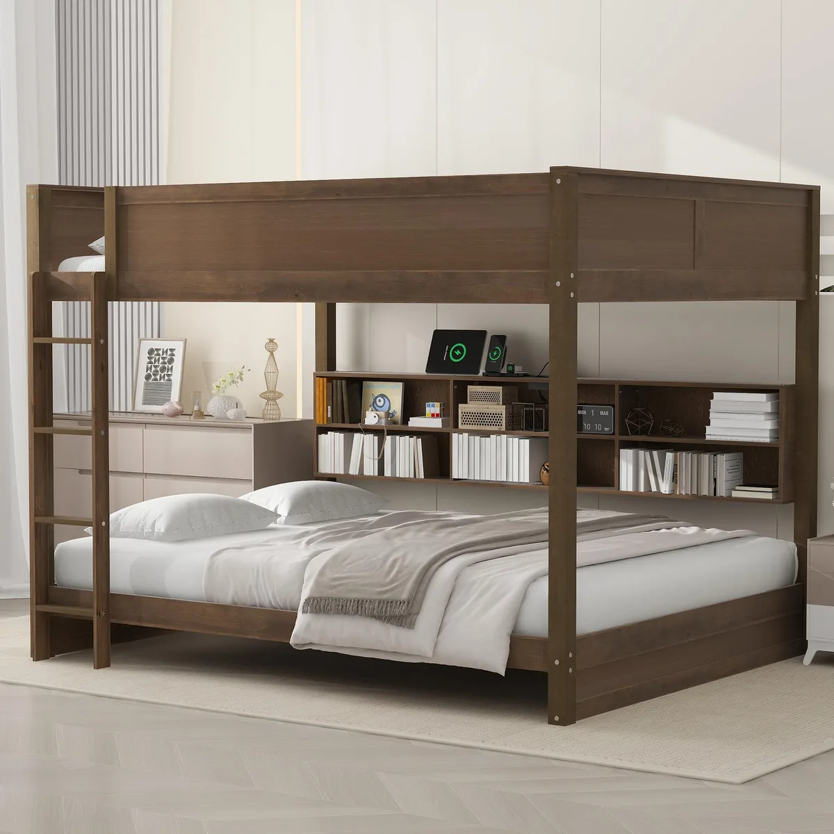 tuphen tuphen Queen over Queen Bunk Bed with Storage & USB, Antique Wood — product photo