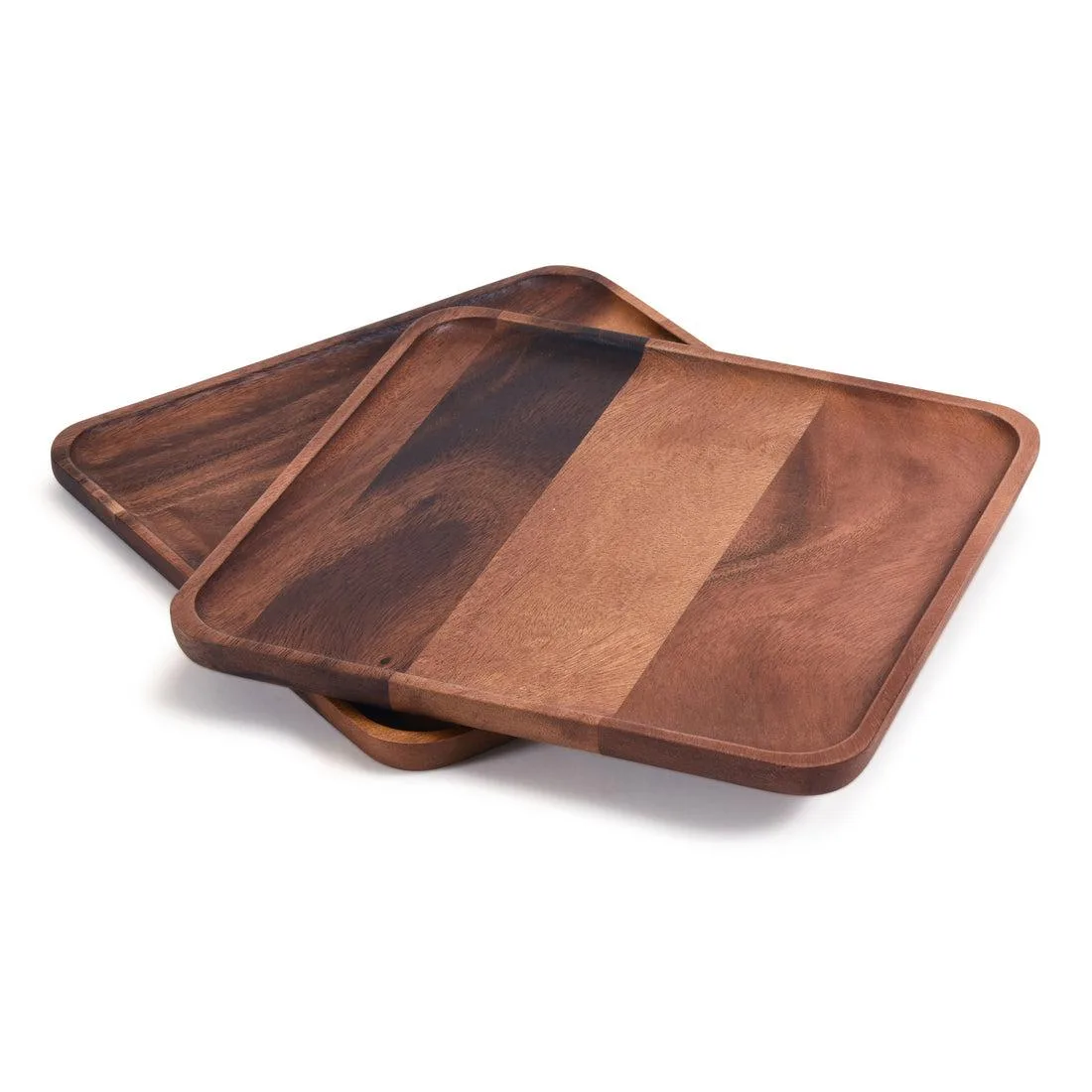 Two square acacia wood plates with raised edges, medium finish