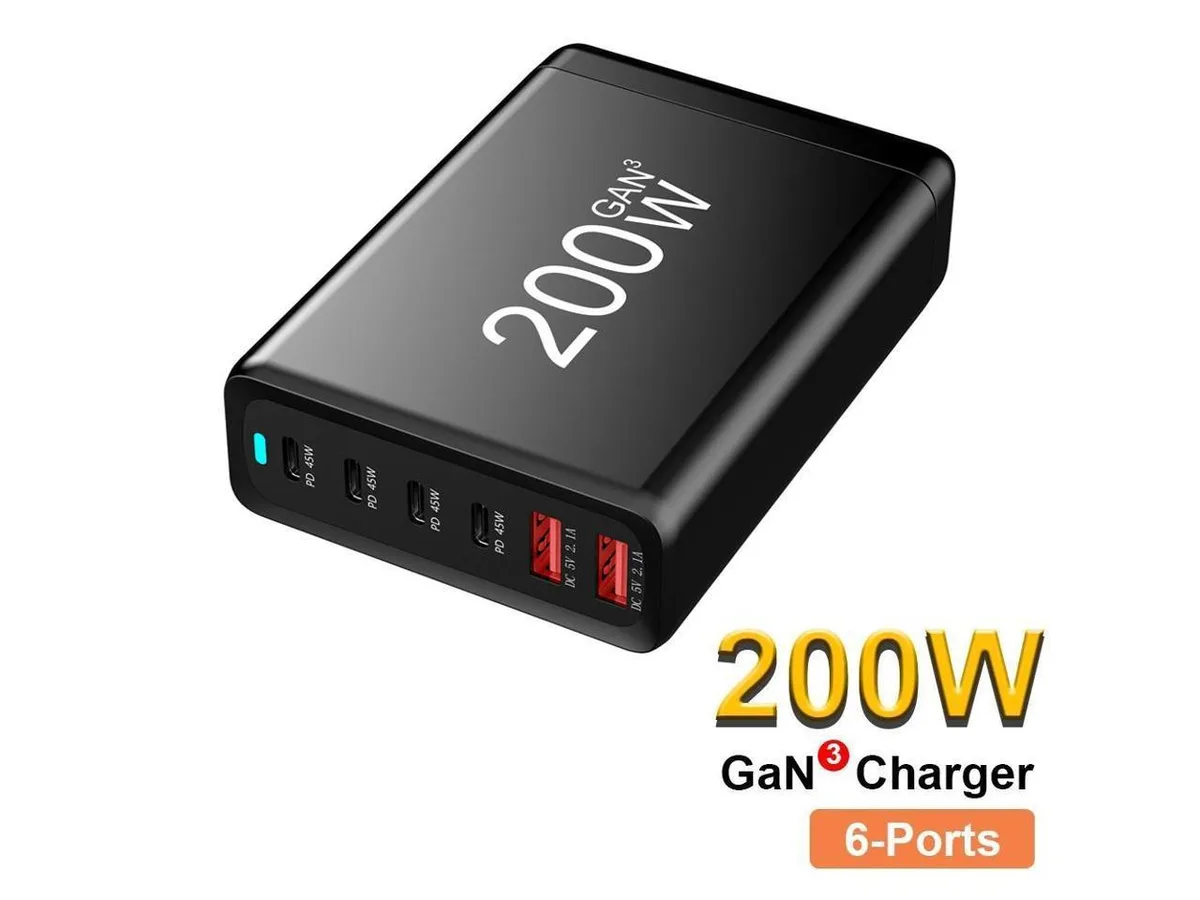 IXJYLCPC IXJYLCPC 200W GaN 6-Port USB Charger Black — product photo