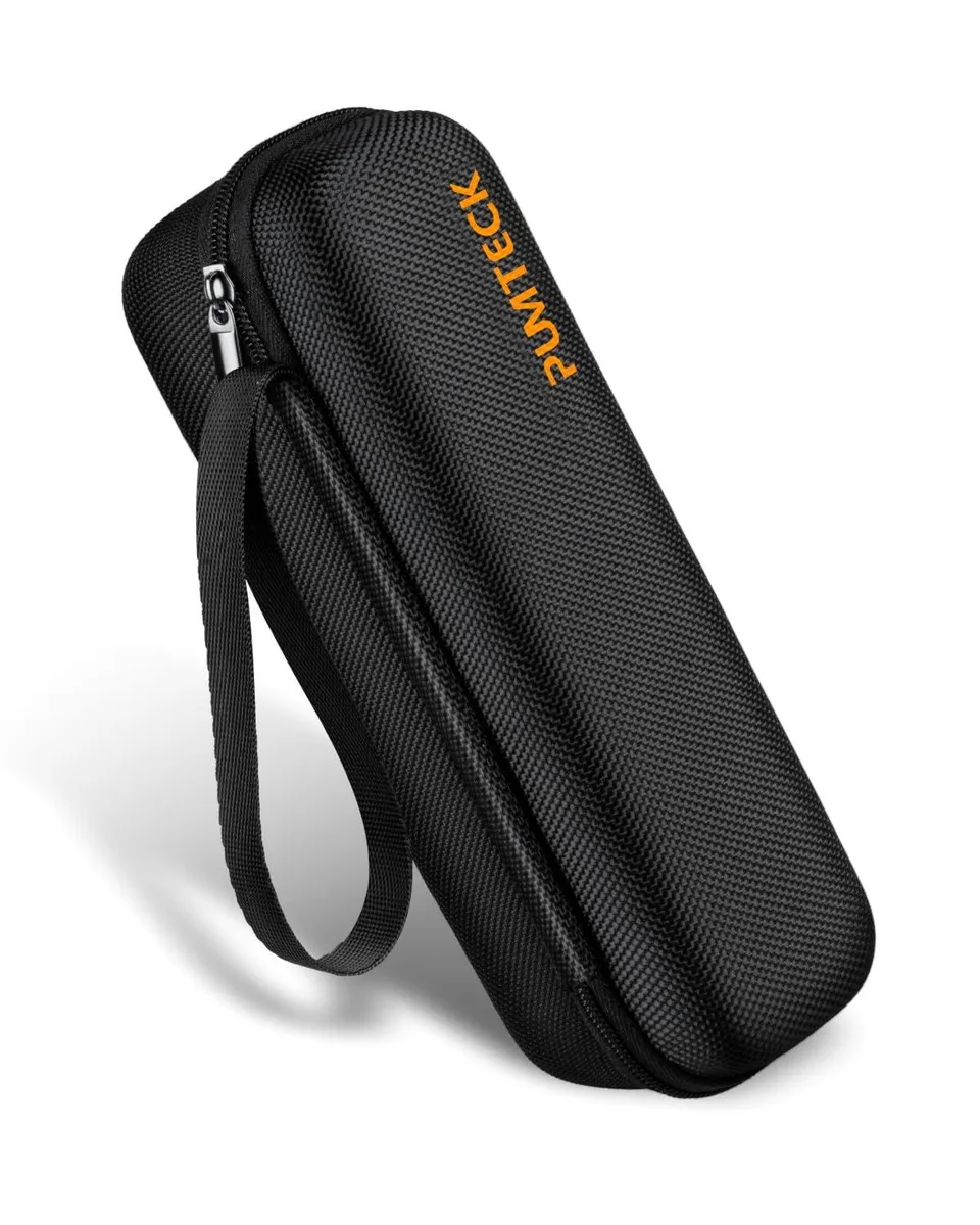 Silver nylon storage case with zip and hanging strap, 7.7 by 2.6 by 1.9 inches