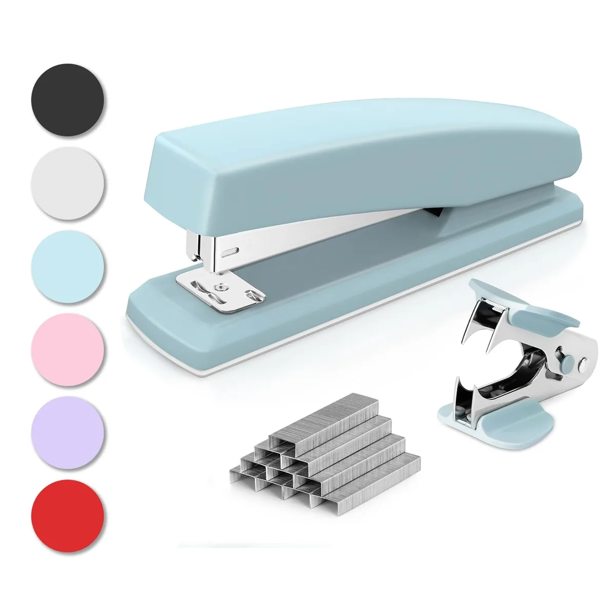 Blue desktop stapler set with staple remover and 1000 staples
