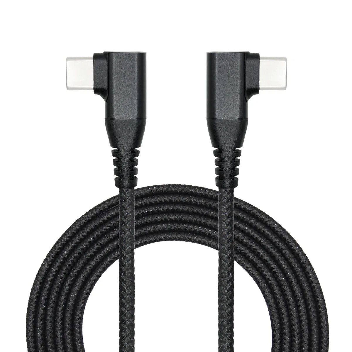 Black right-angle USB-C to USB-C cable with nylon braided finish, 2 metre length