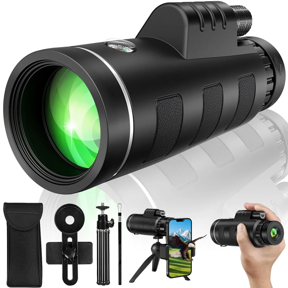 Black compact monocular with smartphone adapter attached