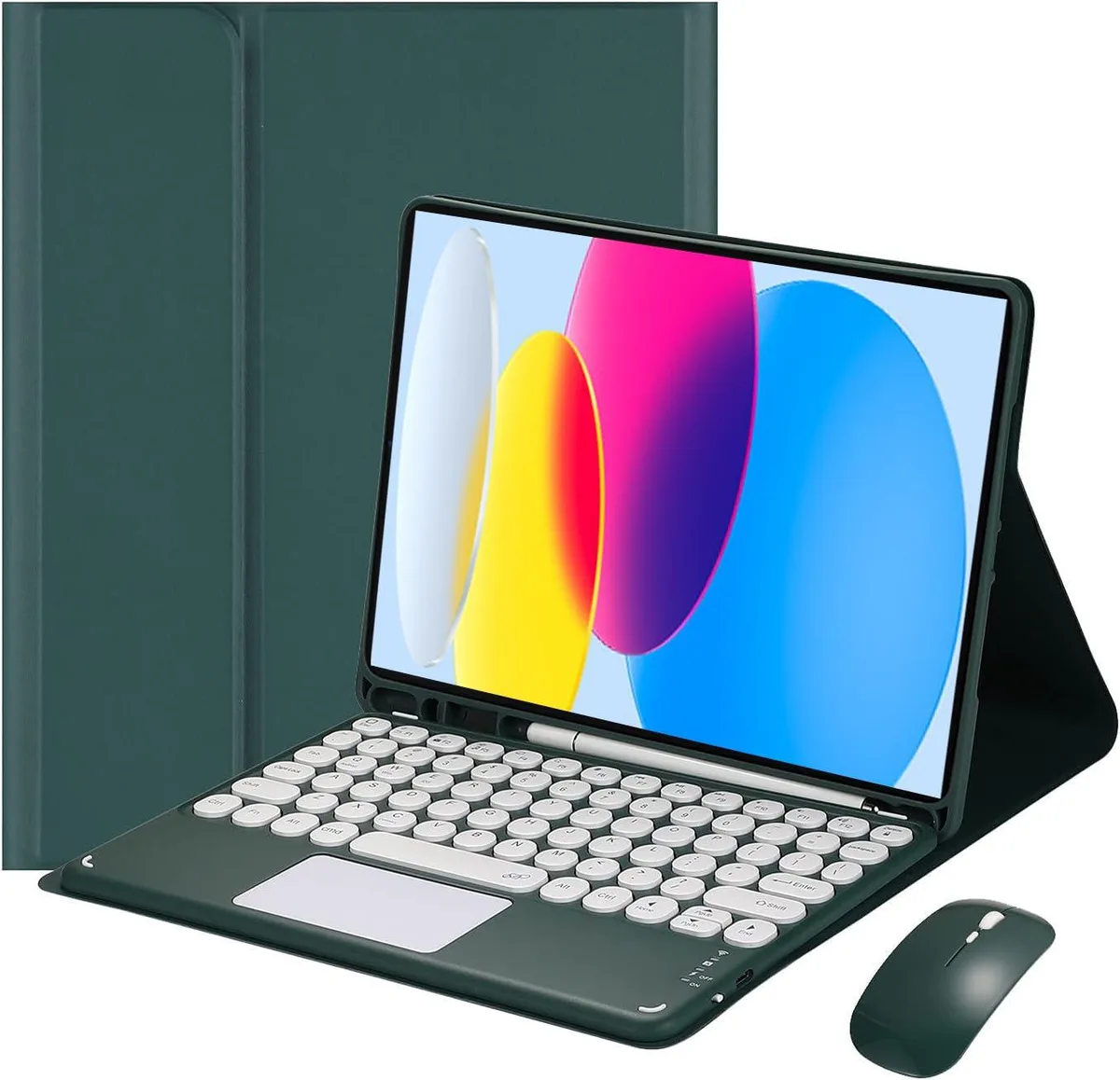 Dark green tablet case with detachable keyboard and wireless mouse