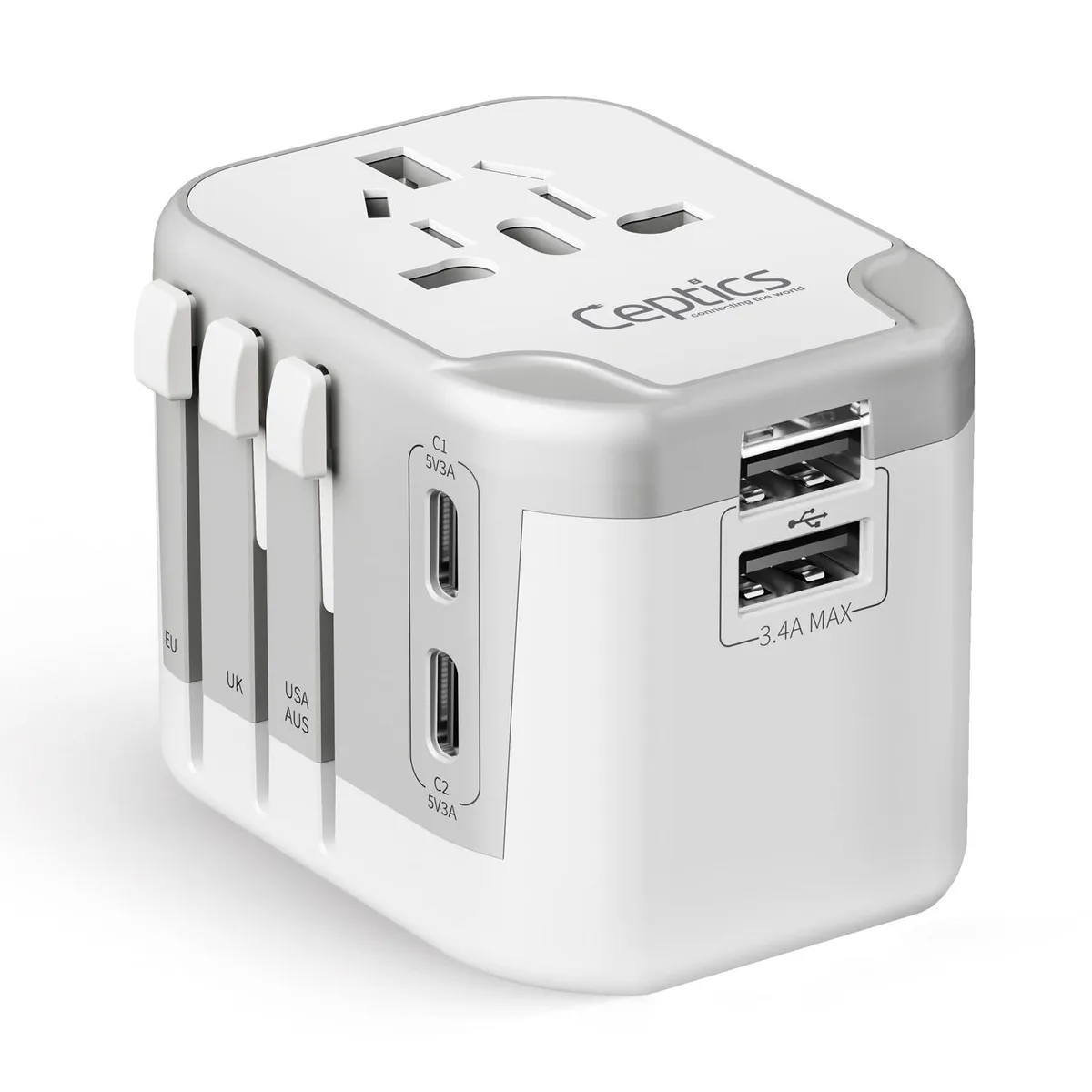White rectangular travel adapter with sliding plug pins and four USB ports