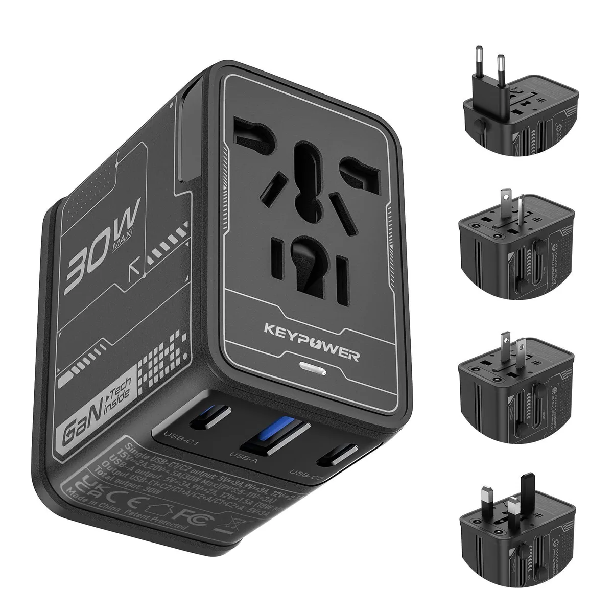 Compact black travel adapter with sliding plug arms and three USB ports
