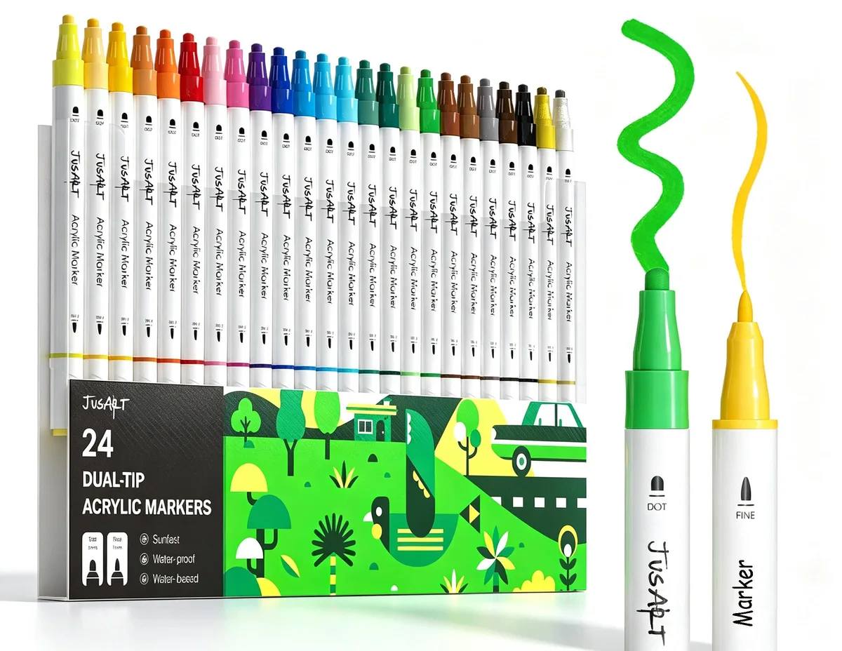 JusArt Acrylic Paint Markers 24 Colors Dual Tip White 2 Pack — product photo