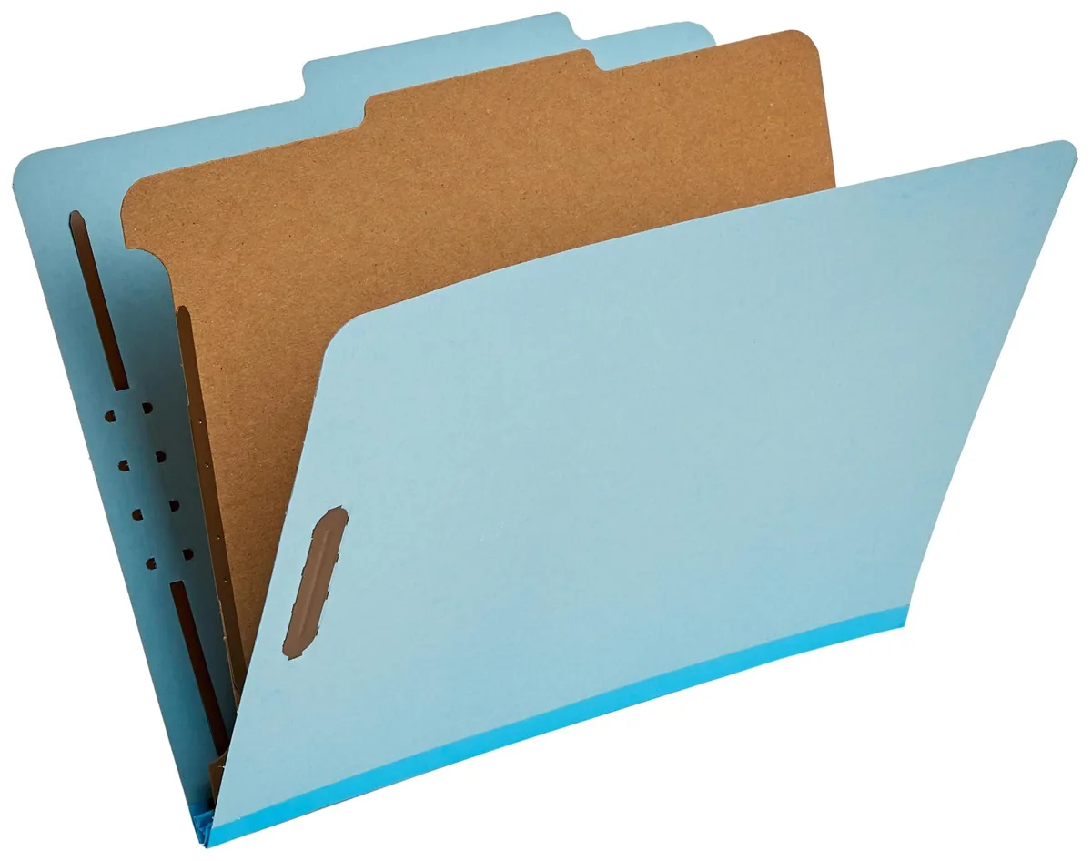 Light blue pressboard classification folders with divider and fasteners, ten count