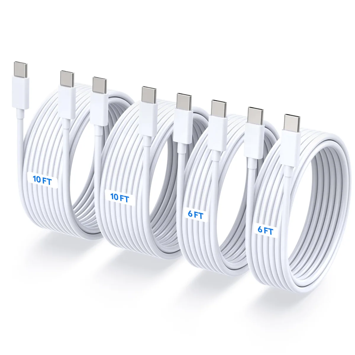 Four USB-C cables in orange finish, two at six feet and two at ten feet, coiled together