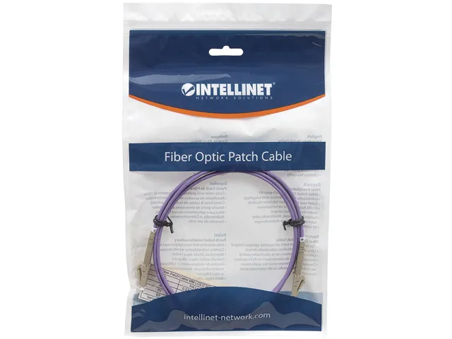 Violet duplex multimode fibre patch cable with LC/LC connectors, one metre long