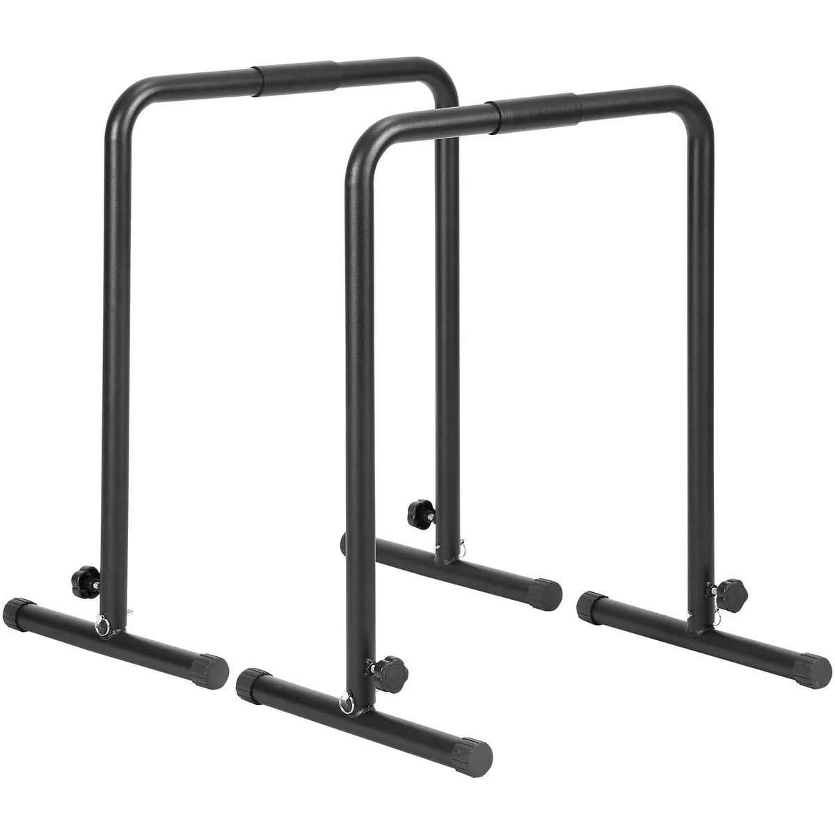 Pair of silver steel dip bars, adjustable height 30 to 39 inches, compact frame