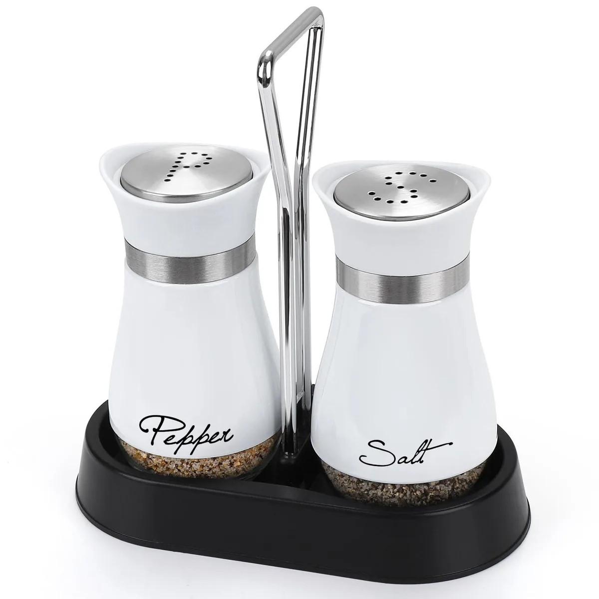 Two white cylindrical stainless steel shakers with glass bases in a holder