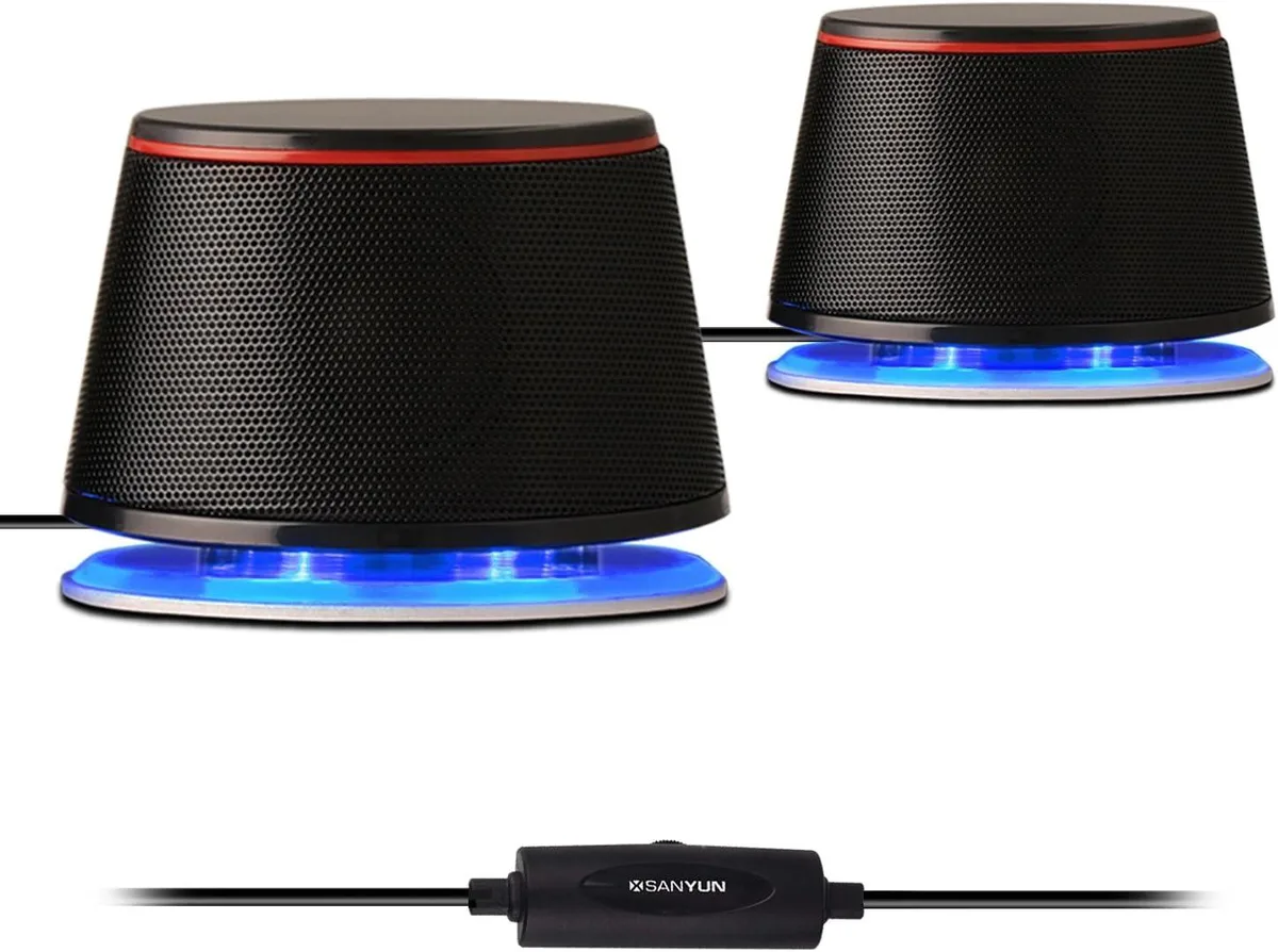 Pair of black stereo speakers with silver accents and blue oval lamp rings, compact rectangular shape