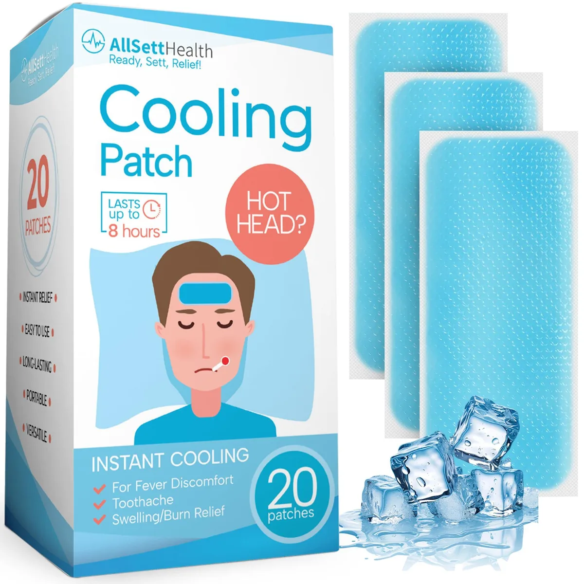 Box of twenty blue gel cooling patches in rectangular sheets