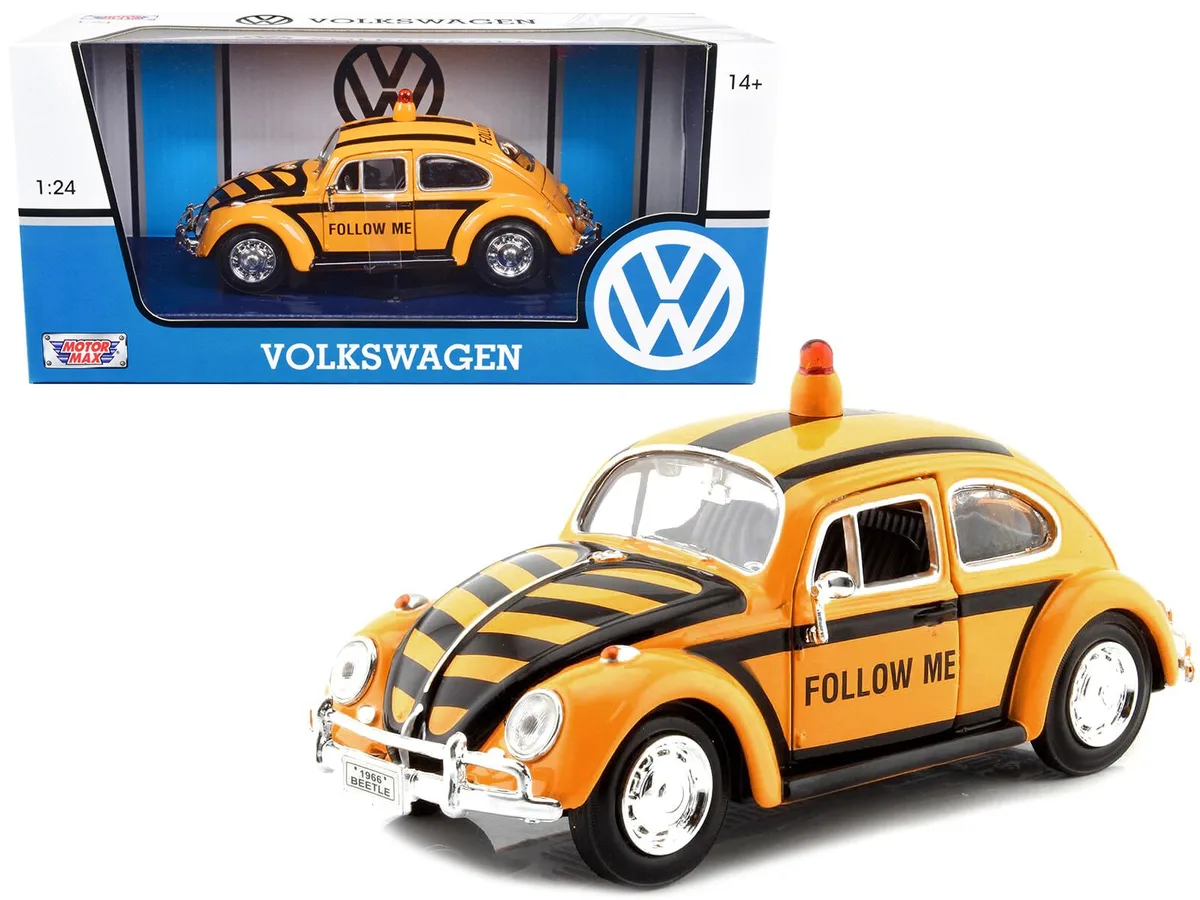 MOTORMAX MOTORMAX 1966 Volkswagen Beetle "Follow Me" 1/24 Diecast Yellow Black Stripes — product photo