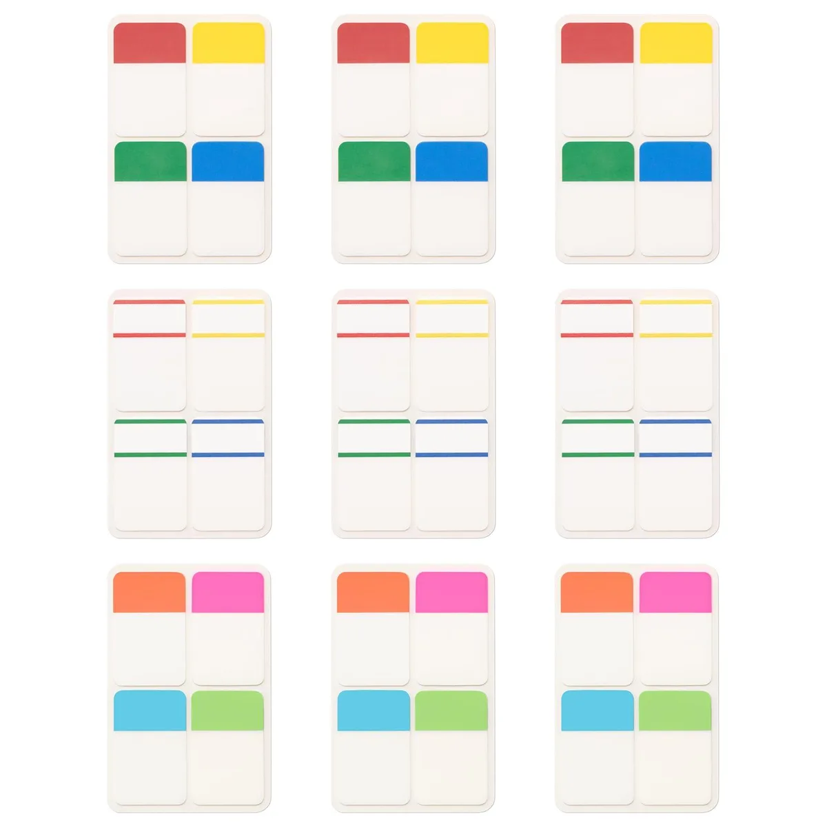 Square multicoloured sticky tabs in a rectangular dispenser pack