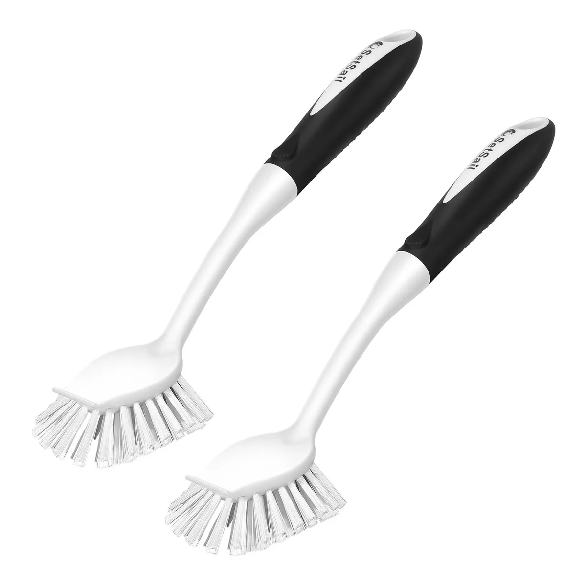 Two white dish brushes with long handles, stiff bristles and built-in scrapers
