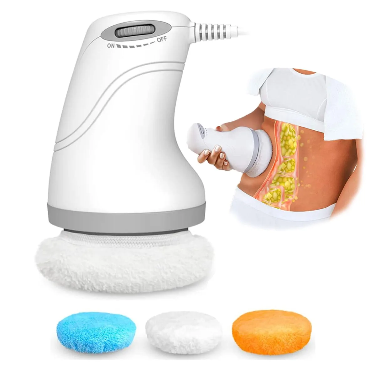 Handheld blue massager with three pads, corded electric, ergonomic grip