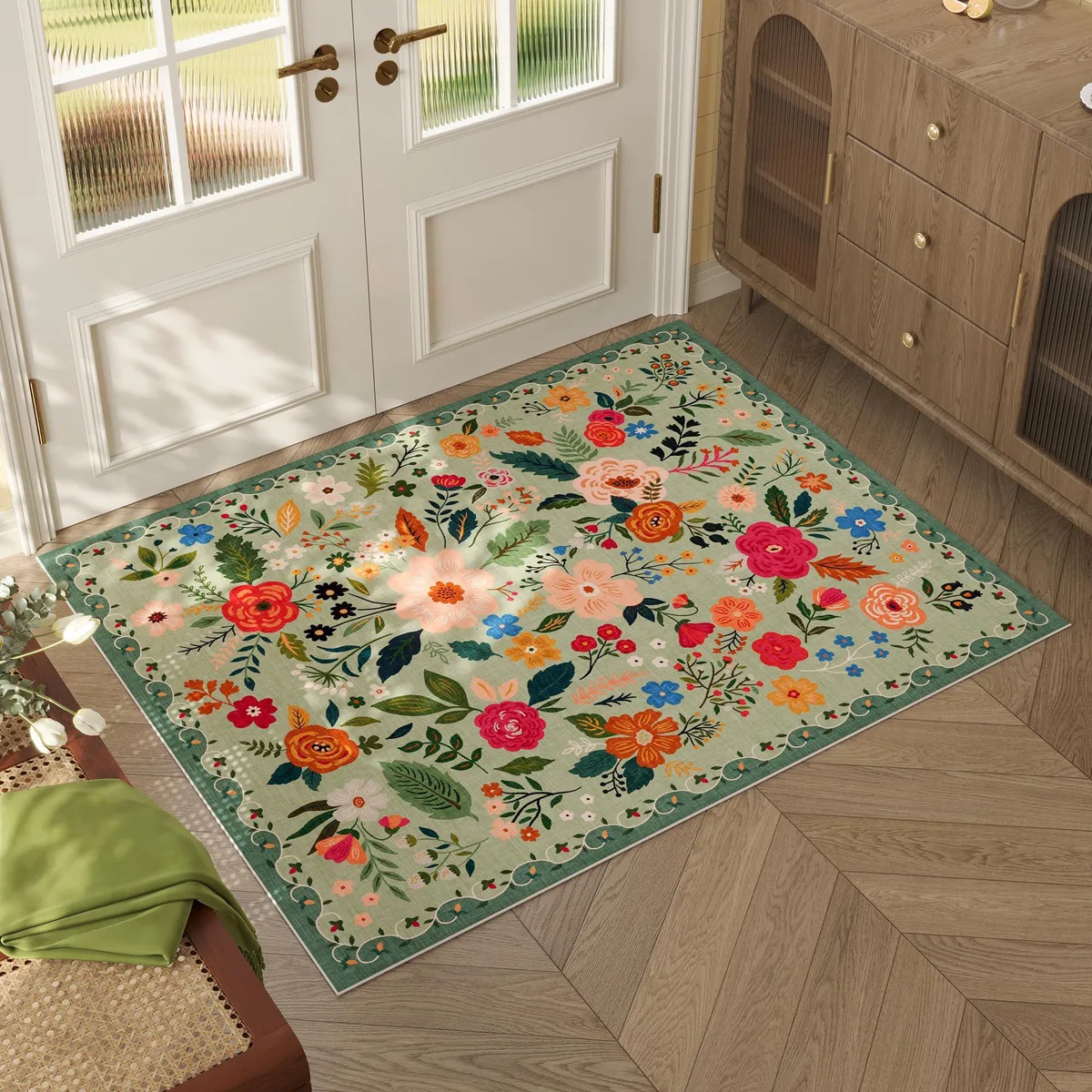 Rectangular green polyester doormat with floral pattern, low pile, non-slip backing