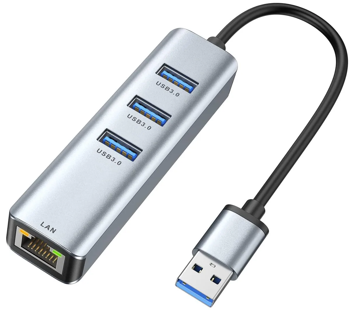 Grey rectangular USB 3.0 hub with three USB ports and one RJ45 Ethernet port