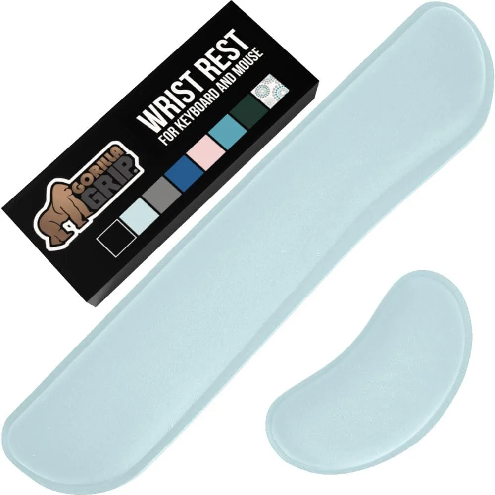 Two sky-blue wrist rests, keyboard and mouse size, soft spandex tops with thick memory foam inside