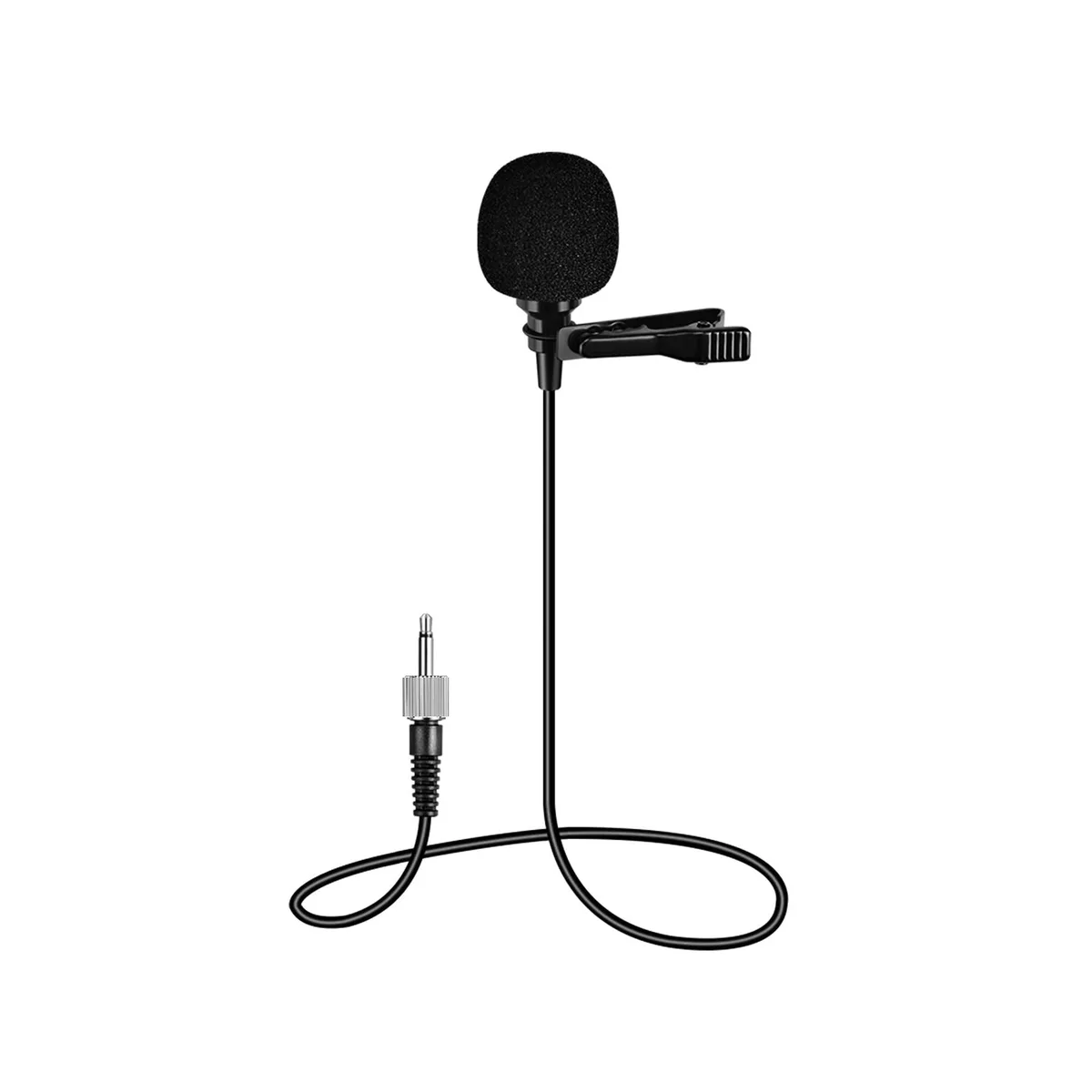 Black lapel microphone with clip and 3.5mm locking screw plug
