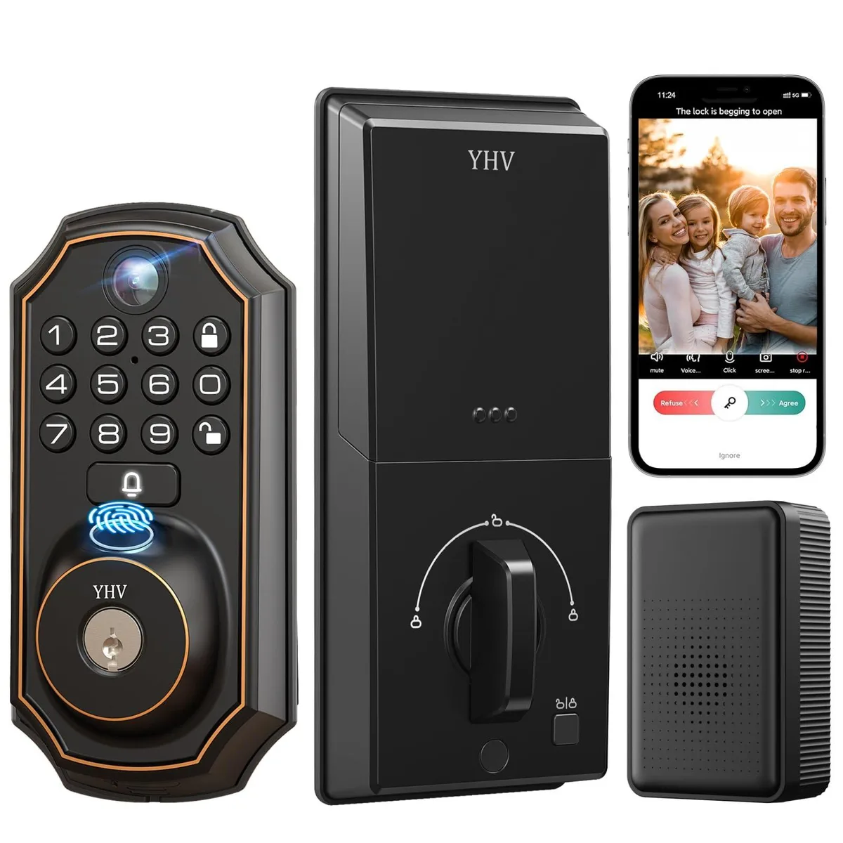 Black square deadbolt with fingerprint sensor keypad and integrated camera doorbell