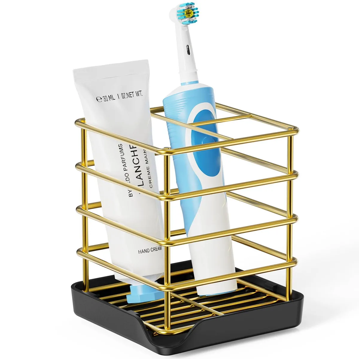 Gold painted stainless steel toothbrush holder with three slots and removable drip tray