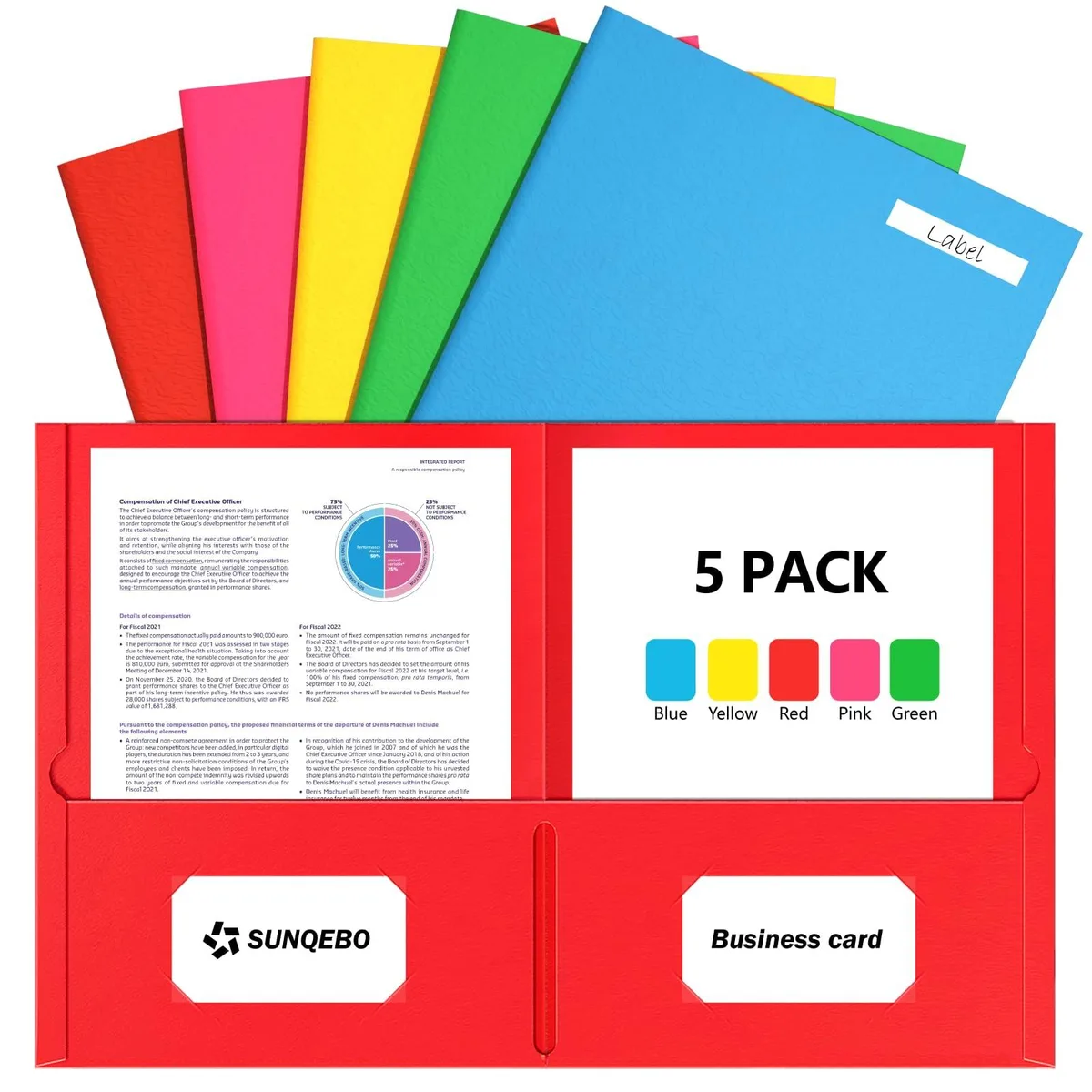 Red textured paper folder with two pockets and business card slots