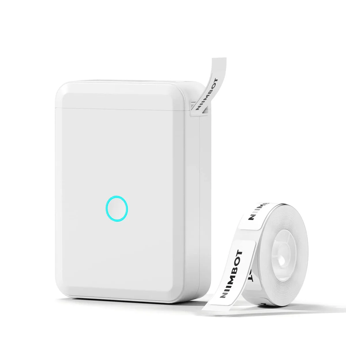 Compact white label printer with built-in cutter and included tape roll