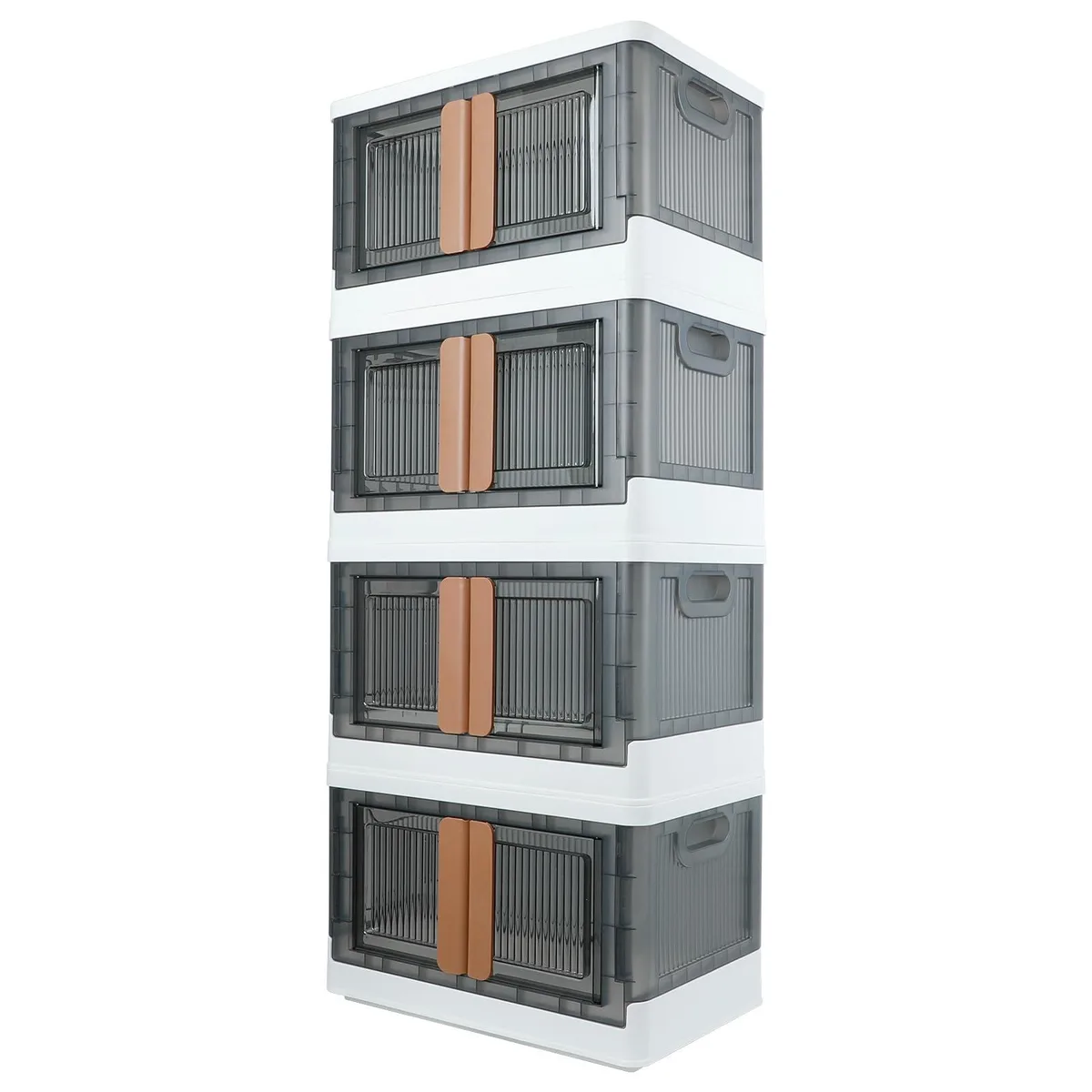 Four transparent plastic storage cabinets stacked vertically with front double doors and side handles