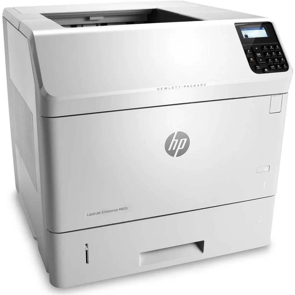 White rectangular office laser printer with front control panel and paper tray