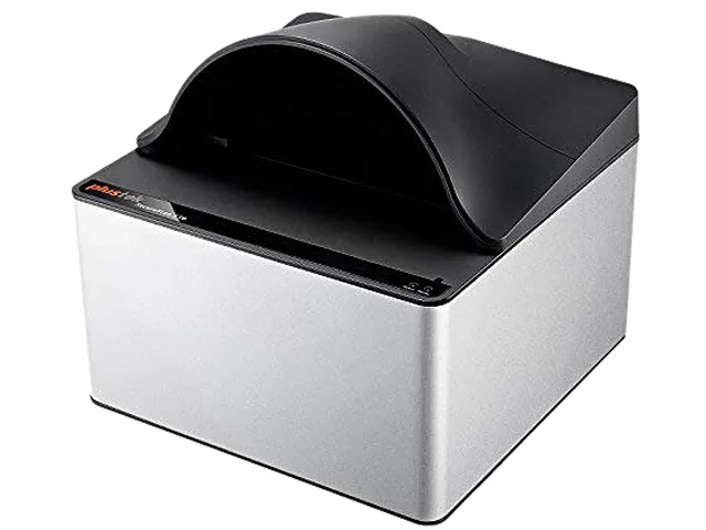 Compact rectangular flatbed scanner in dark grey finish, low profile with glass platen visible