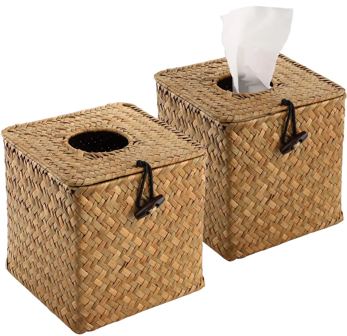 Two square woven seagrass tissue box covers with hinged lids