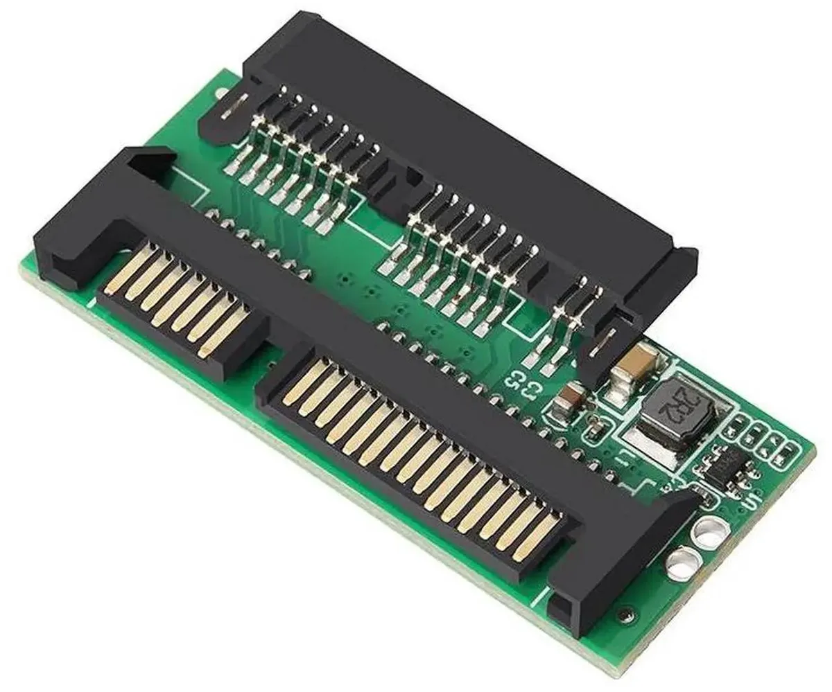 Small green circuit board with 16-pin and 22-pin SATA connectors