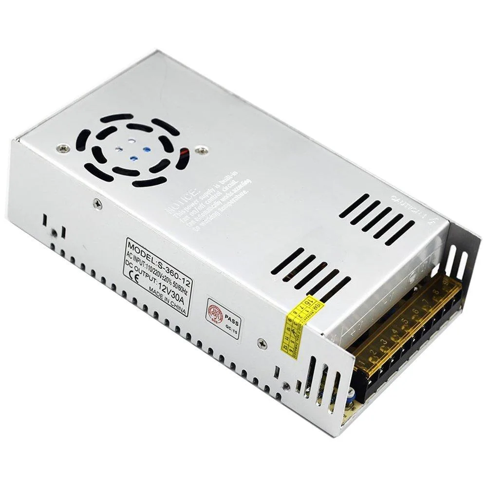 Rectangular silver metal power supply with cooling fan and dust-proof net