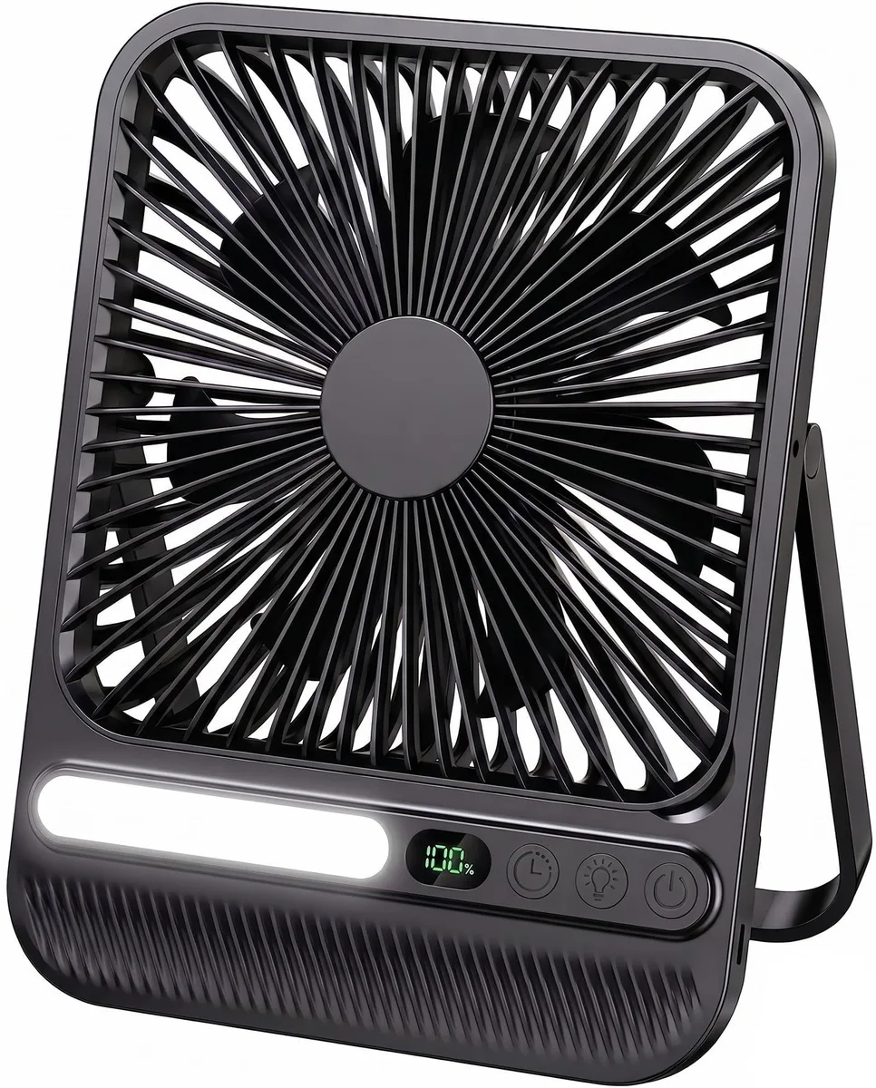 Silver 7-inch ultra-thin portable fan with 7 blades and adjustable stand