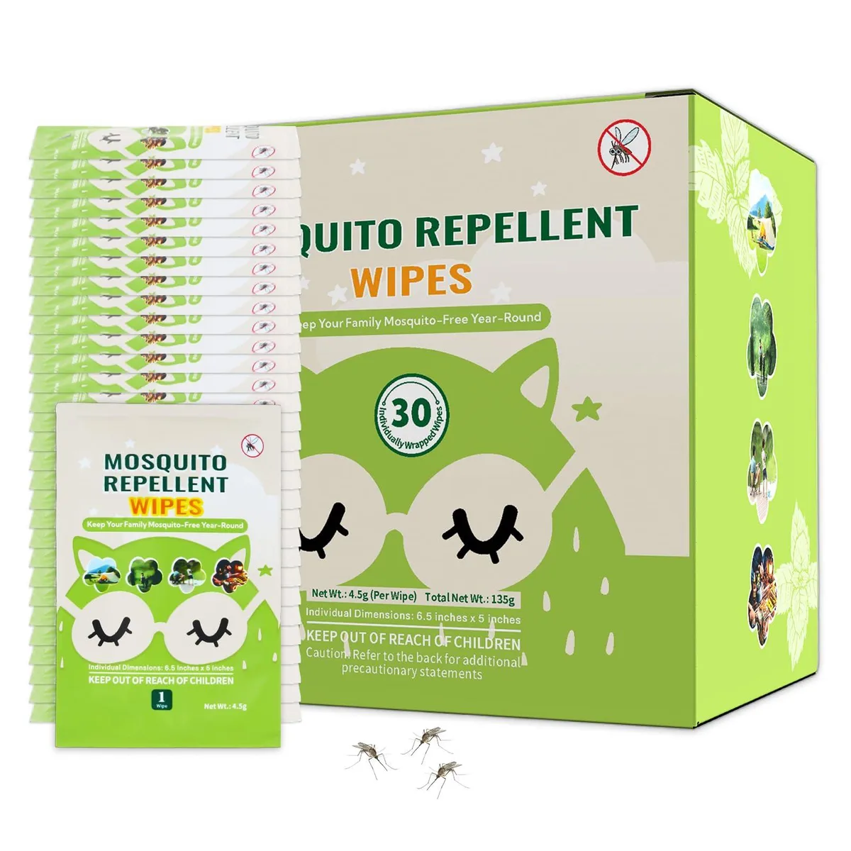 Box of 30 individually wrapped mosquito repellent wipes