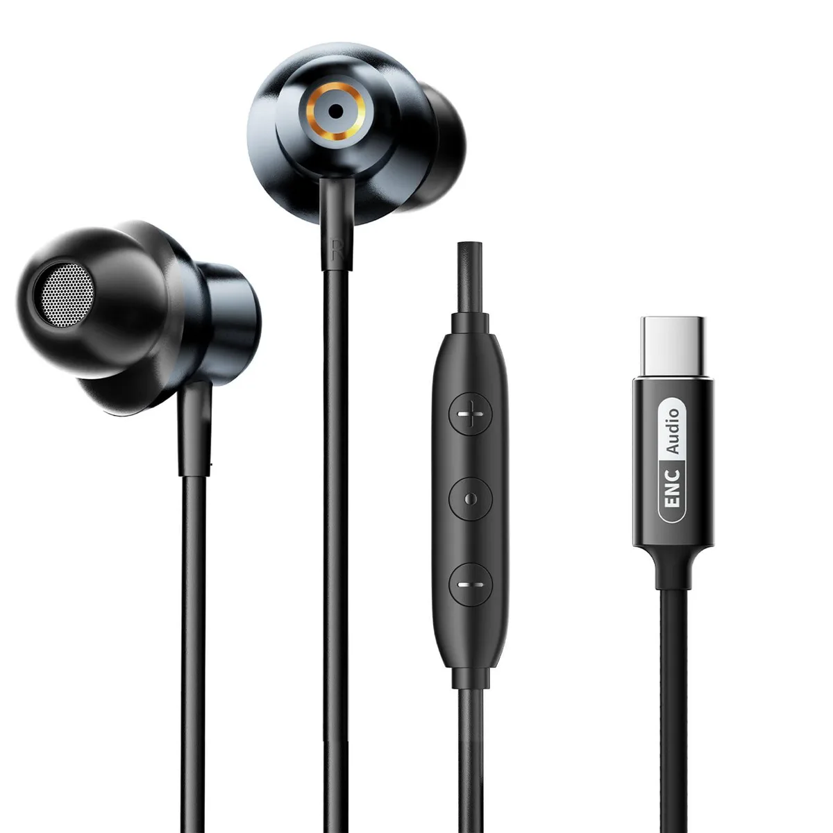 Blue in-ear wired earbuds with USB-C plug and inline microphone