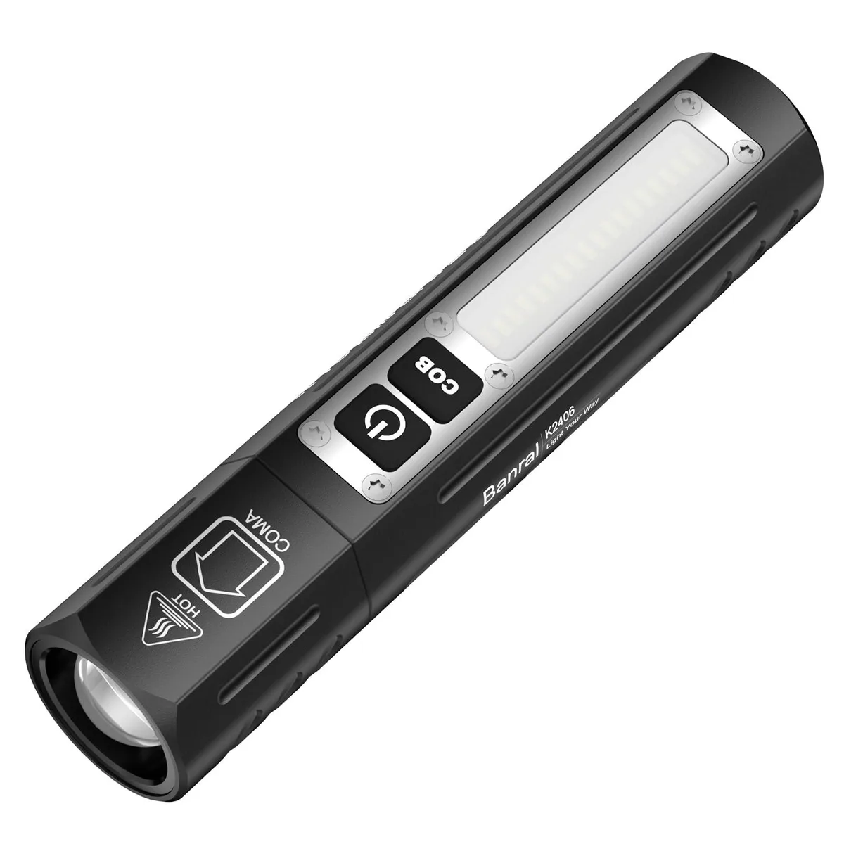 Black cylindrical aluminium flashlight with magnetic tail cap and pocket clip