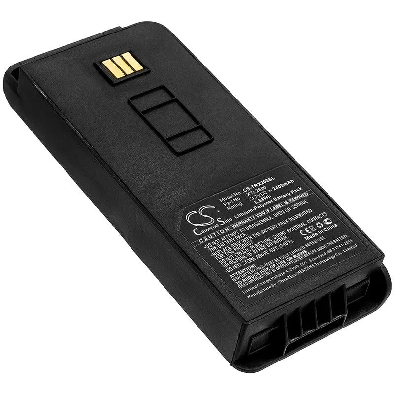Rectangular lithium-ion battery pack, dark casing, printed labels, connector on one end