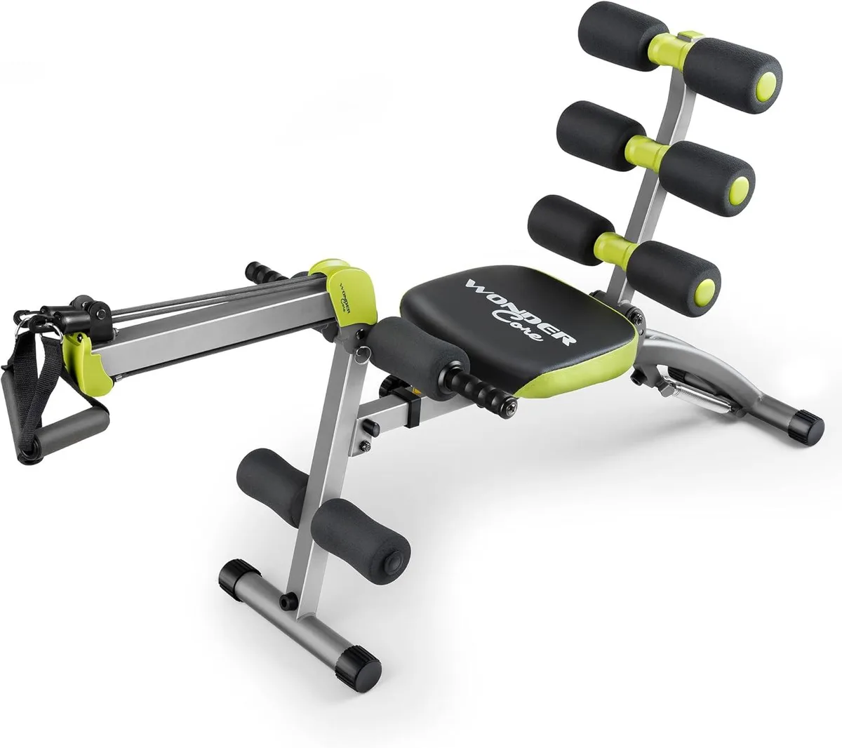 Grey foldable abdominal trainer with padded seat and spring-assisted frame