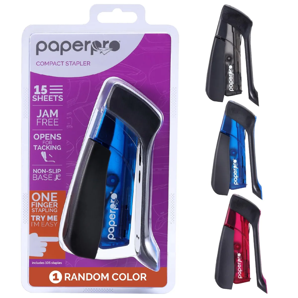 Compact plastic desktop stapler in assorted colours