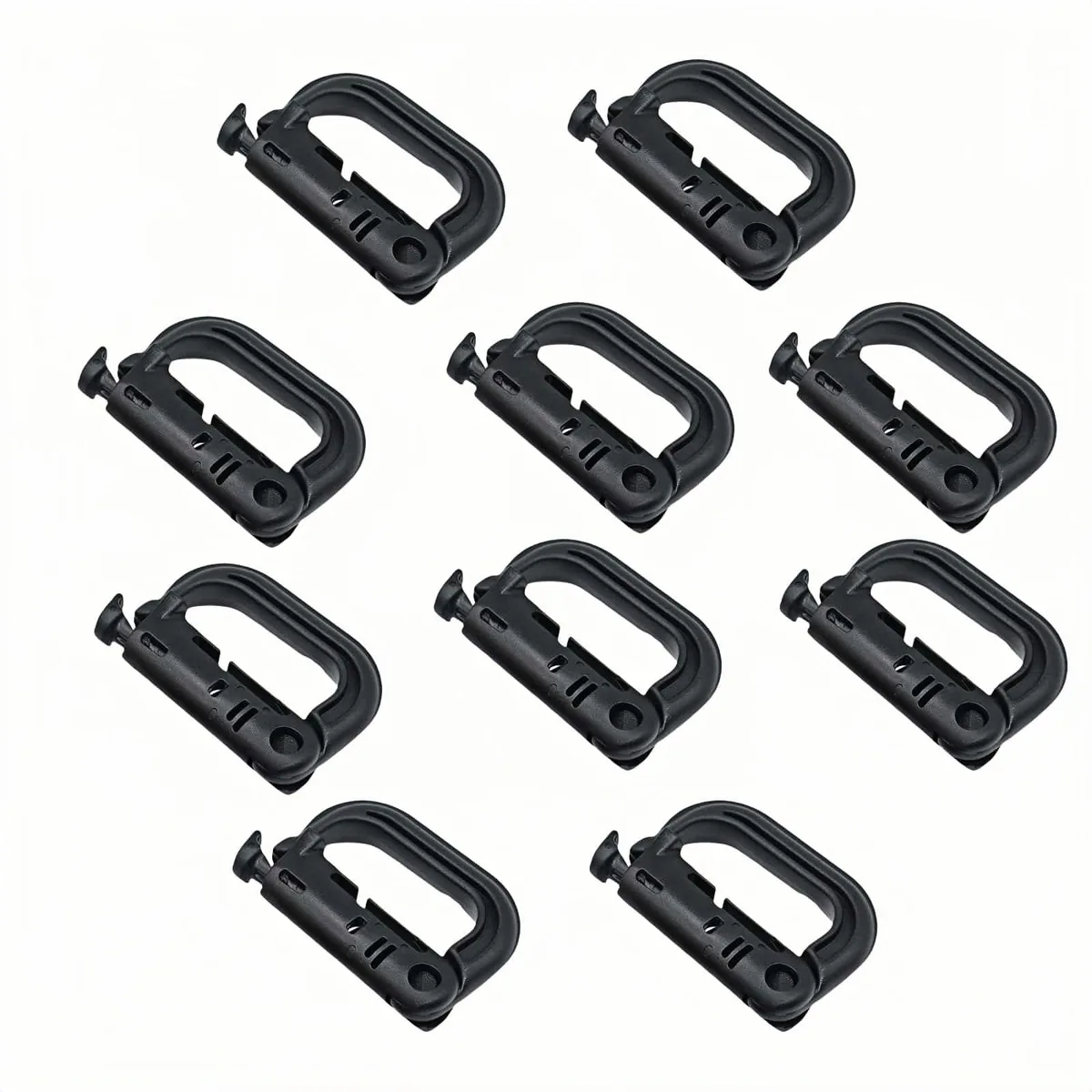 Ten black plastic D-ring carabiners with quick-release buttons, matte finish, MOLLE compatible