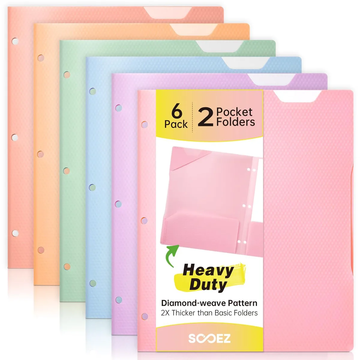  Plastic File Folders 6 Pack Pastels Letter Size 9.5x11.6in 2 Pocket 3-Hole .4mm — product photo
