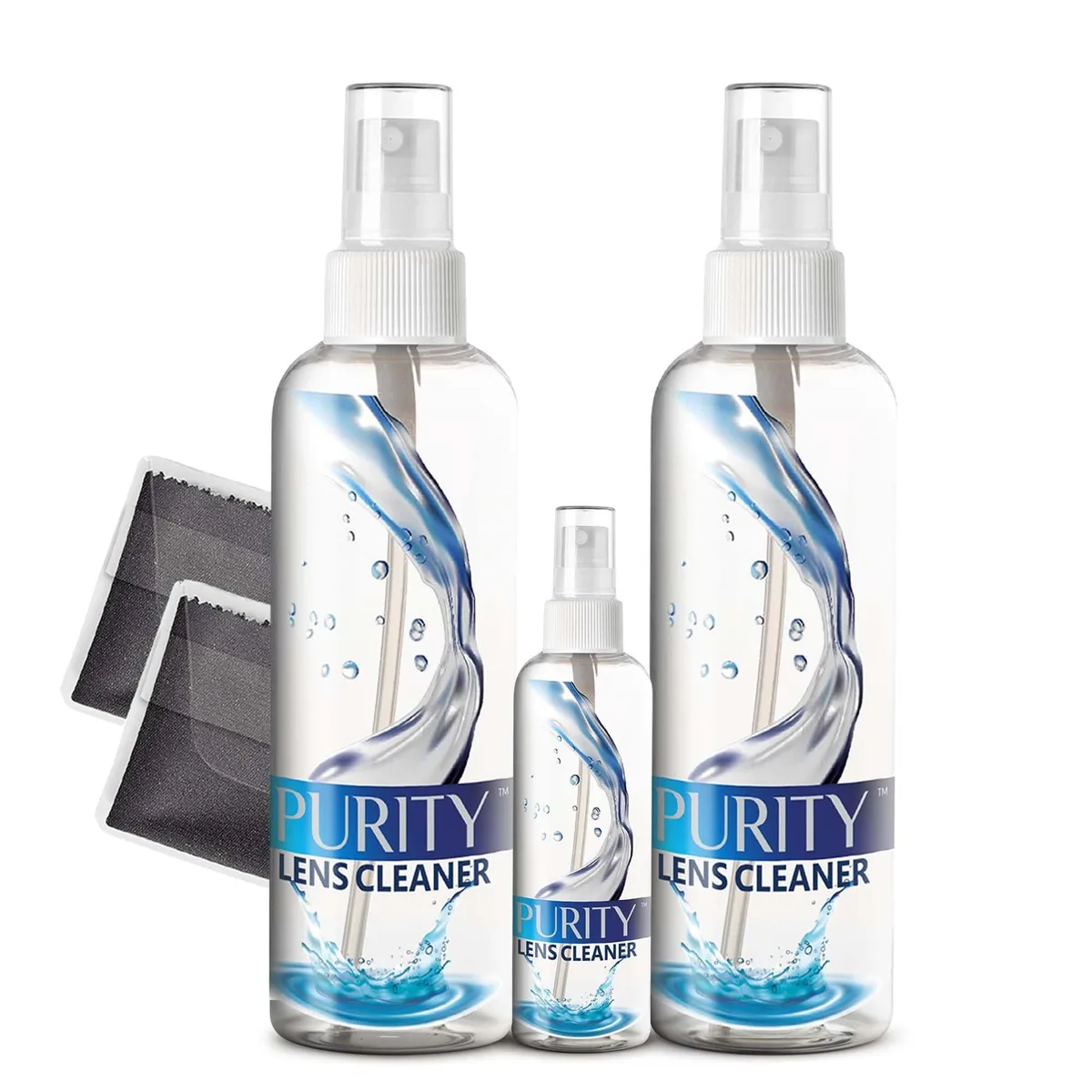 Two 8 oz spray bottles, one 2 oz bottle, two microfiber cloths