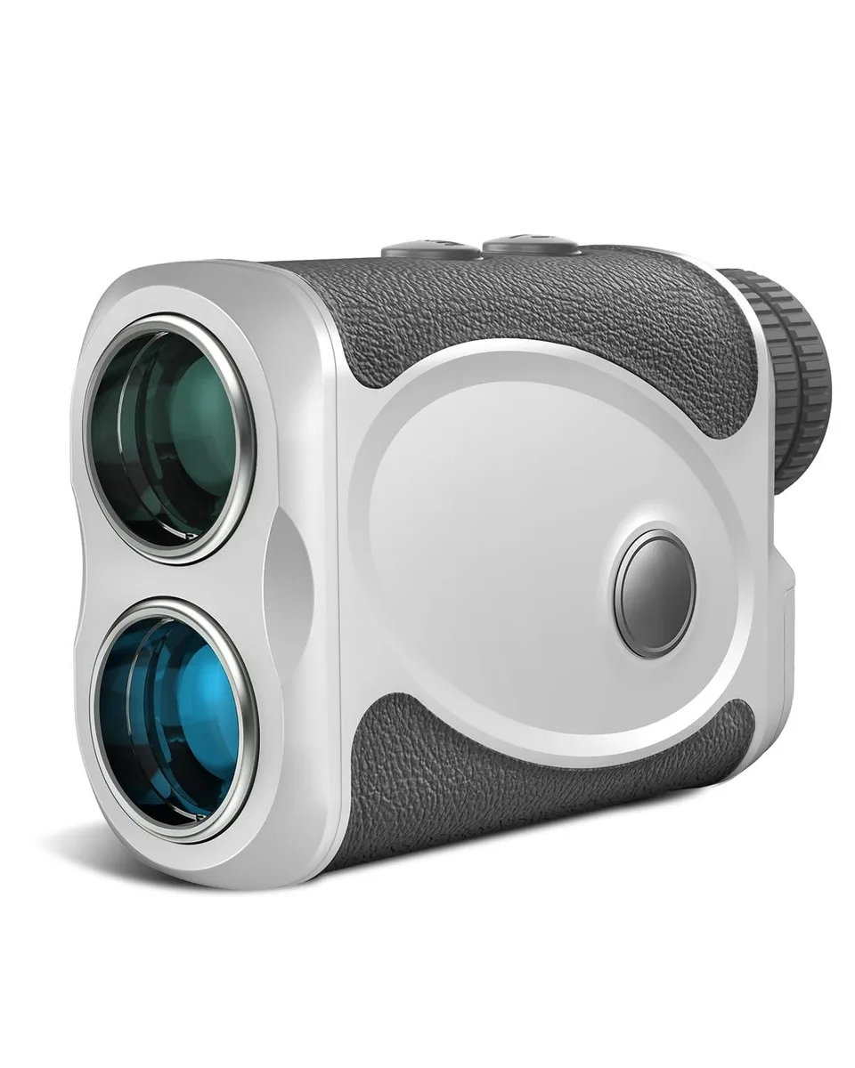 White handheld golf rangefinder with black accents and lens housing