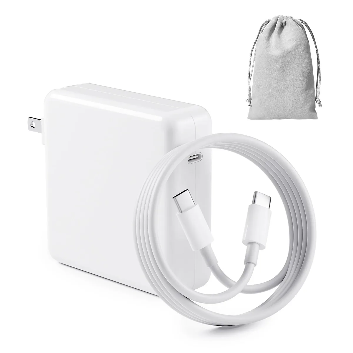 White rectangular USB-C power adapter with detachable cable and storage bag
