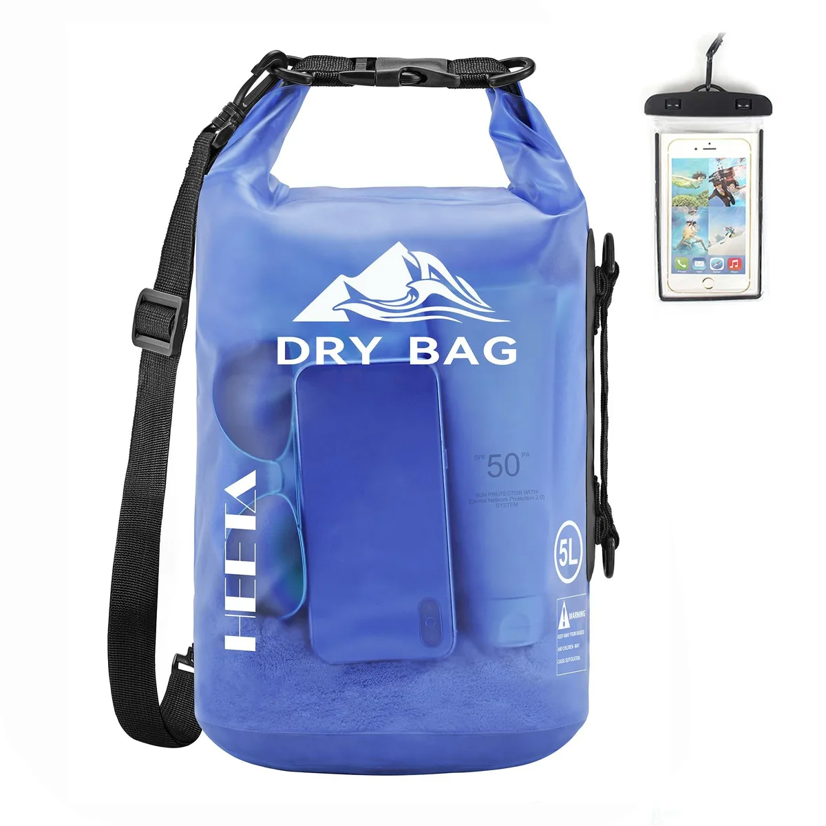 Bluish violet roll-top dry bag backpack, transparent nylon with adjustable straps and side handle